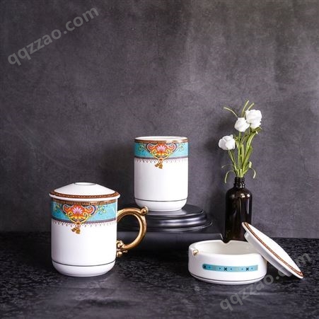 陶瓷水杯 办公礼品 笔筒烟灰缸三件套 陶瓷杯礼品 可定制