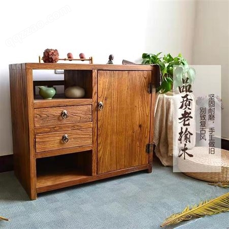 老榆木实木餐边柜 新中式茶水柜 靠墙高柜厨房碗碟储物柜材质坚固